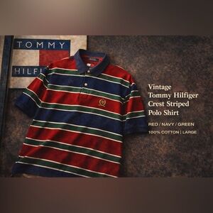 Vintage Tommy Hilfiger Crest Striped Polo Shirt Red Green Blue 90s Men Large